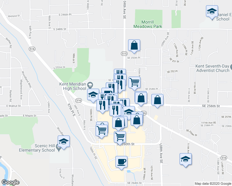 map of restaurants, bars, coffee shops, grocery stores, and more near 10304 Southeast 256th Street in Kent