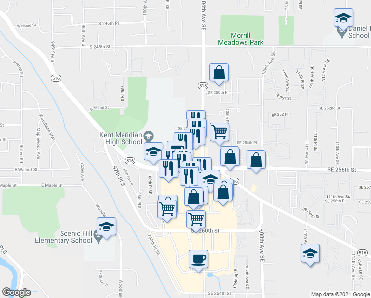 map of restaurants, bars, coffee shops, grocery stores, and more near 10304 Southeast 256th Street in Kent