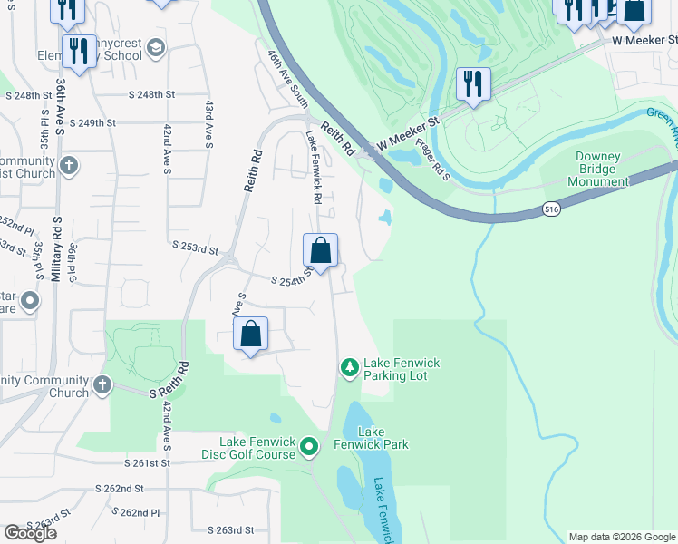 map of restaurants, bars, coffee shops, grocery stores, and more near 4635 South 255th Street in Kent
