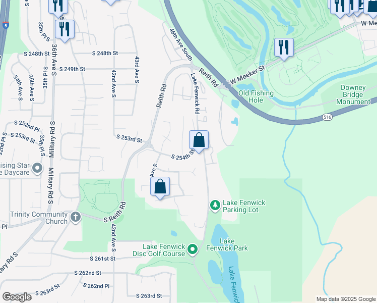 map of restaurants, bars, coffee shops, grocery stores, and more near 4620 South 254th Street in Kent