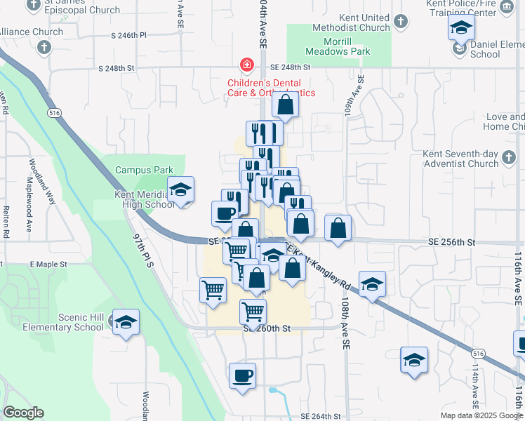 map of restaurants, bars, coffee shops, grocery stores, and more near 25260 104th Avenue Southeast in Kent