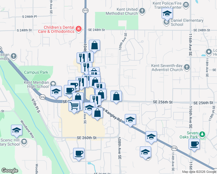 map of restaurants, bars, coffee shops, grocery stores, and more near 10624 Southeast 254th Place in Kent
