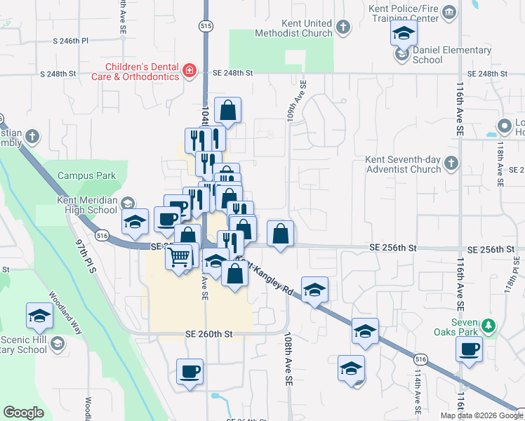 map of restaurants, bars, coffee shops, grocery stores, and more near 10601 Southeast 252nd Street in Kent