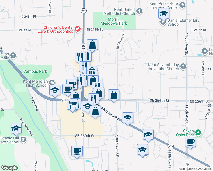 map of restaurants, bars, coffee shops, grocery stores, and more near 10624 Southeast 254th Place in Kent