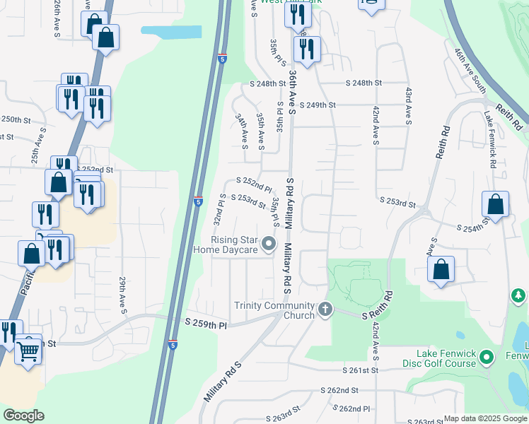 map of restaurants, bars, coffee shops, grocery stores, and more near 3506 South 253rd Street in Kent