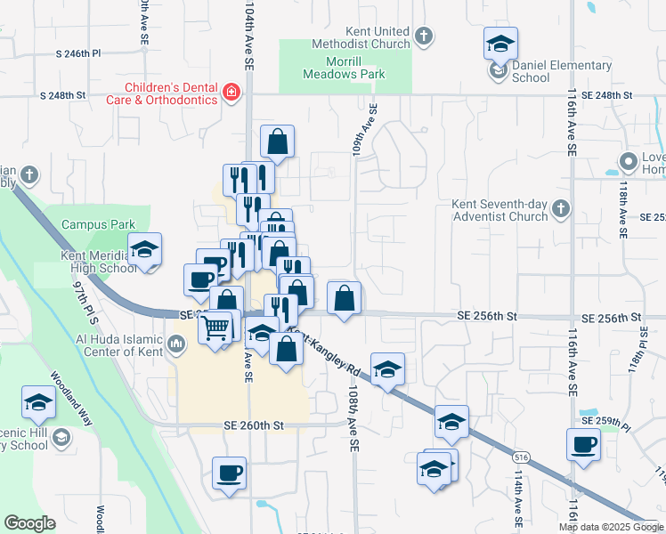 map of restaurants, bars, coffee shops, grocery stores, and more near 10624 Southeast 254th Place in Kent