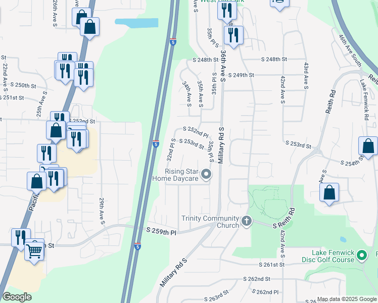 map of restaurants, bars, coffee shops, grocery stores, and more near 3405 South 253rd Street in Kent