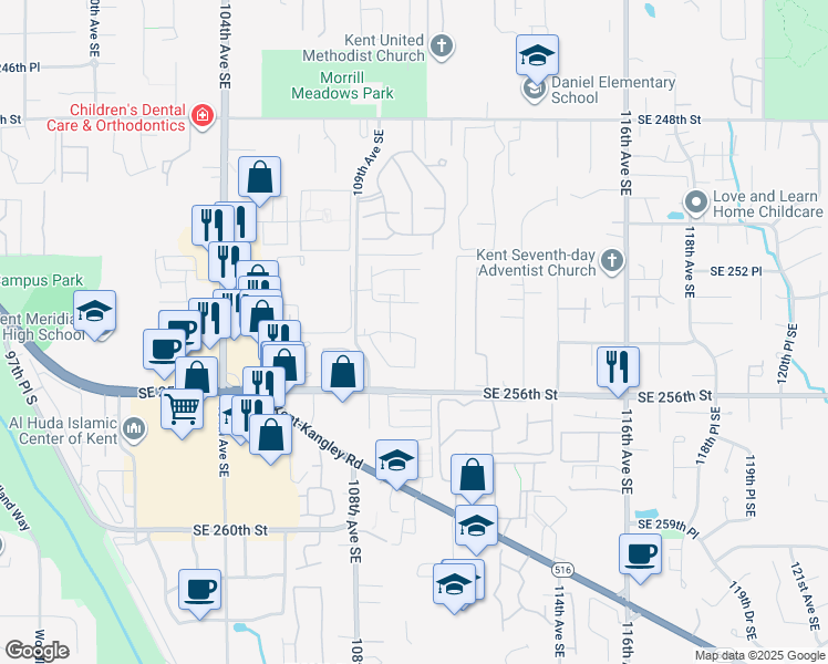 map of restaurants, bars, coffee shops, grocery stores, and more near 10934 Southeast 254th Place in Kent