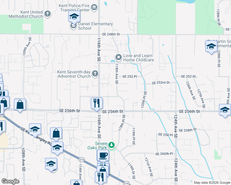 map of restaurants, bars, coffee shops, grocery stores, and more near 11802 Southeast 254th Street in Kent