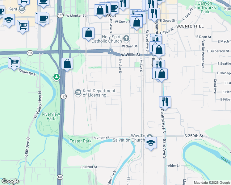 map of restaurants, bars, coffee shops, grocery stores, and more near 731 3rd Avenue South in Kent