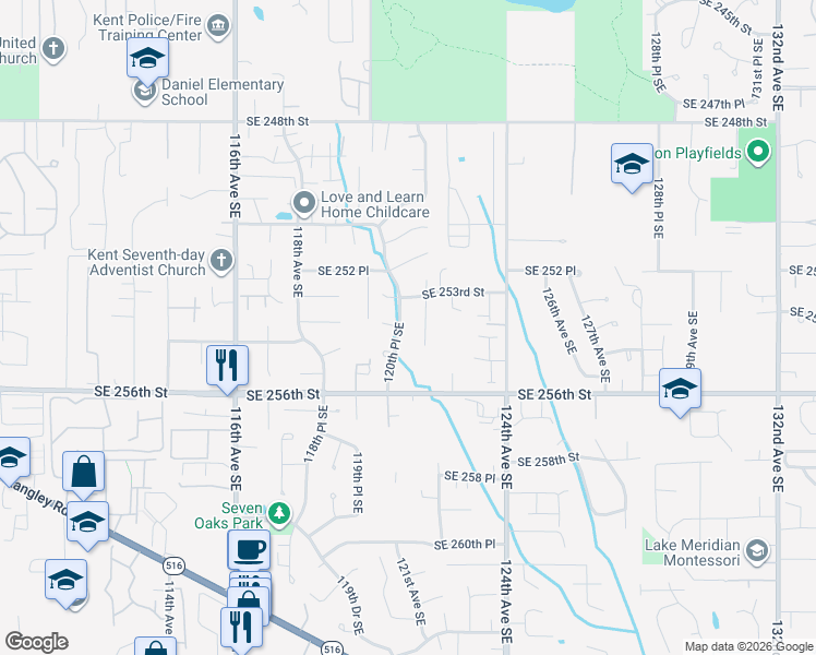 map of restaurants, bars, coffee shops, grocery stores, and more near 25317 121st Place Southeast in Kent