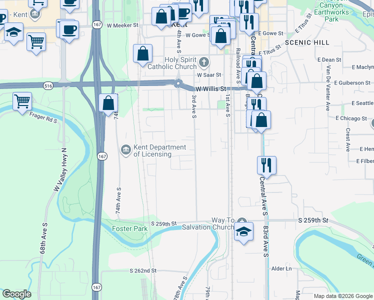 map of restaurants, bars, coffee shops, grocery stores, and more near 731 3rd Avenue South in Kent