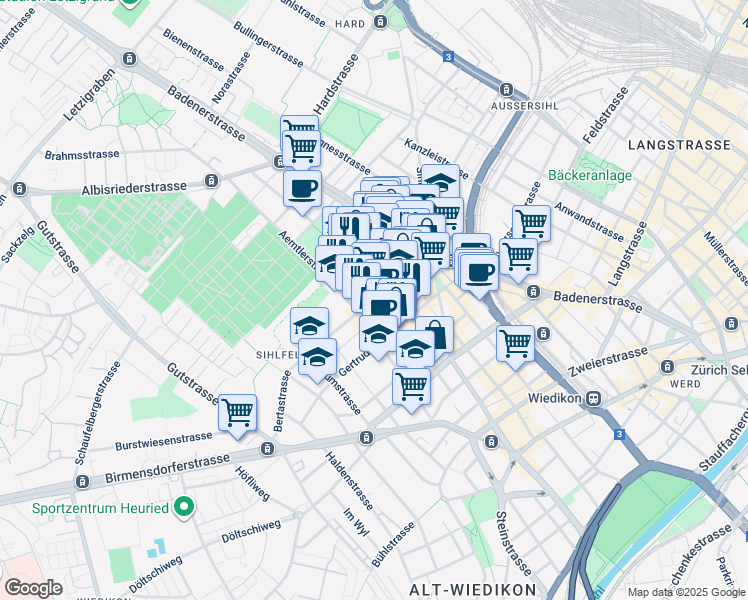 map of restaurants, bars, coffee shops, grocery stores, and more near 4 Idaplatz in Zurich