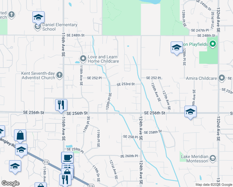 map of restaurants, bars, coffee shops, grocery stores, and more near 25323 121st Place Southeast in Kent