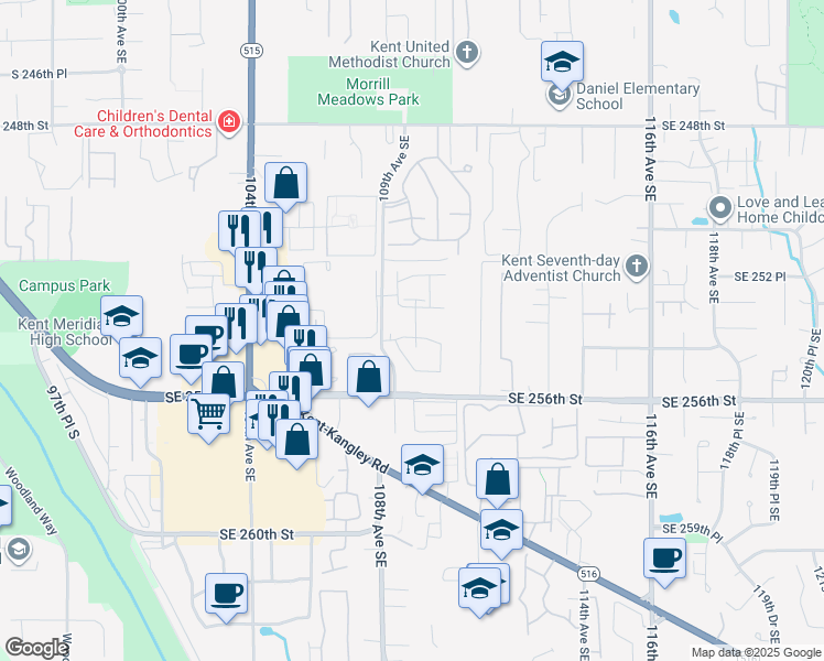 map of restaurants, bars, coffee shops, grocery stores, and more near 25220 109th Place Southeast in Kent