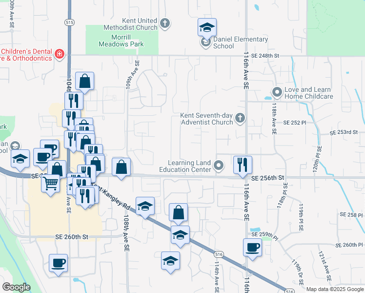map of restaurants, bars, coffee shops, grocery stores, and more near 25250 111th Avenue Southeast in Kent