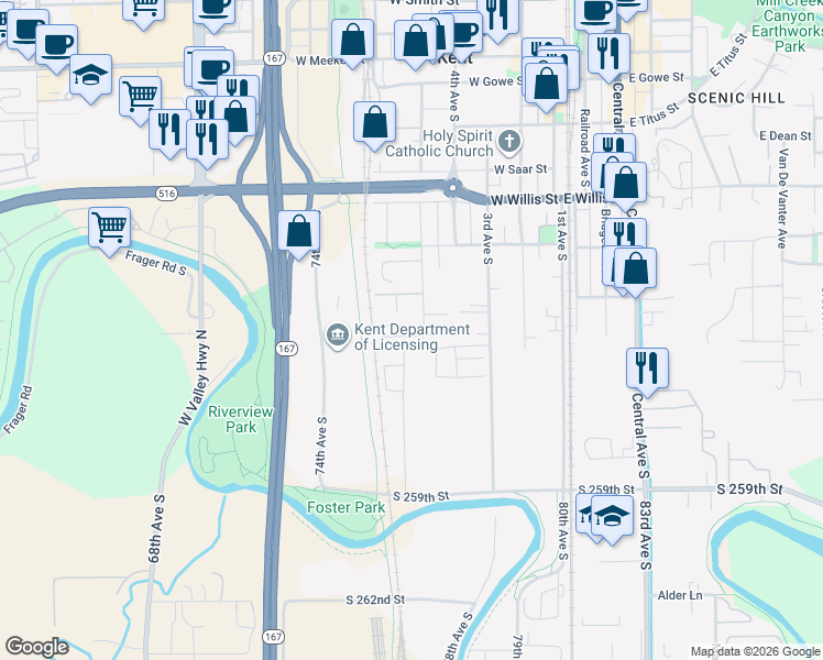 map of restaurants, bars, coffee shops, grocery stores, and more near 731 5th Avenue South in Kent