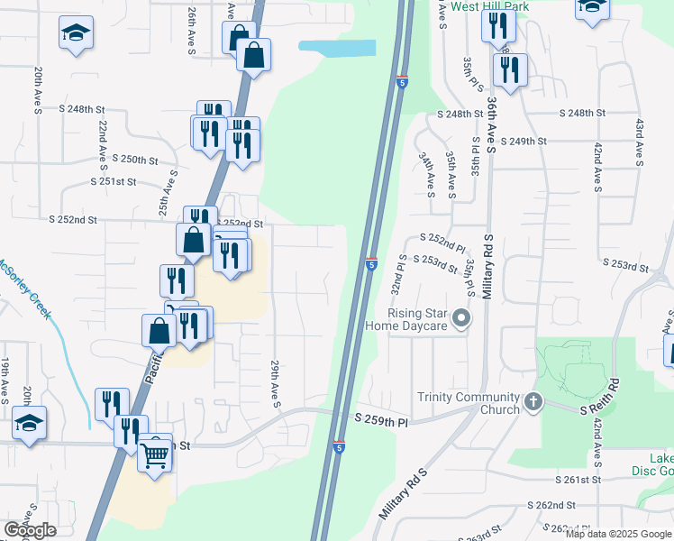 map of restaurants, bars, coffee shops, grocery stores, and more near 25318 31st Avenue South in Kent