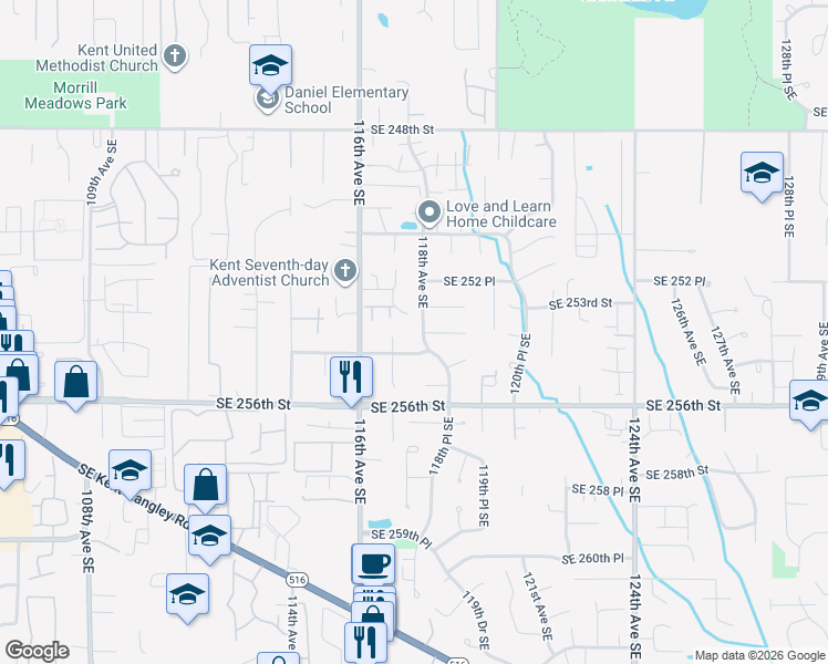map of restaurants, bars, coffee shops, grocery stores, and more near 25327 118th Avenue Southeast in Kent