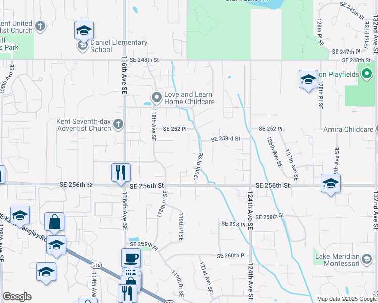 map of restaurants, bars, coffee shops, grocery stores, and more near 11950 Southeast 254th Street in Kent
