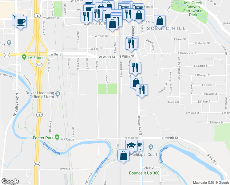 map of restaurants, bars, coffee shops, grocery stores, and more near 723 1st Avenue South in Kent