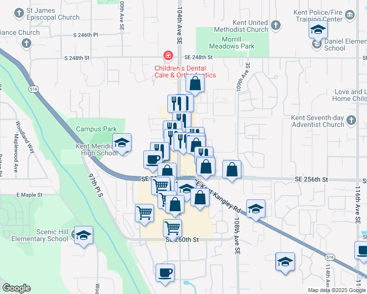 map of restaurants, bars, coffee shops, grocery stores, and more near 25260 104th Avenue Southeast in Kent
