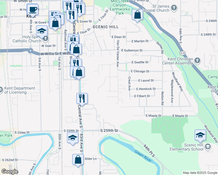 map of restaurants, bars, coffee shops, grocery stores, and more near 806 Kensington Avenue South in Kent