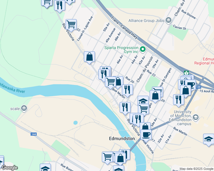 map of restaurants, bars, coffee shops, grocery stores, and more near 1 46e Av in Edmundston