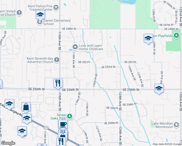 map of restaurants, bars, coffee shops, grocery stores, and more near 11950 Southeast 254th Street in Kent