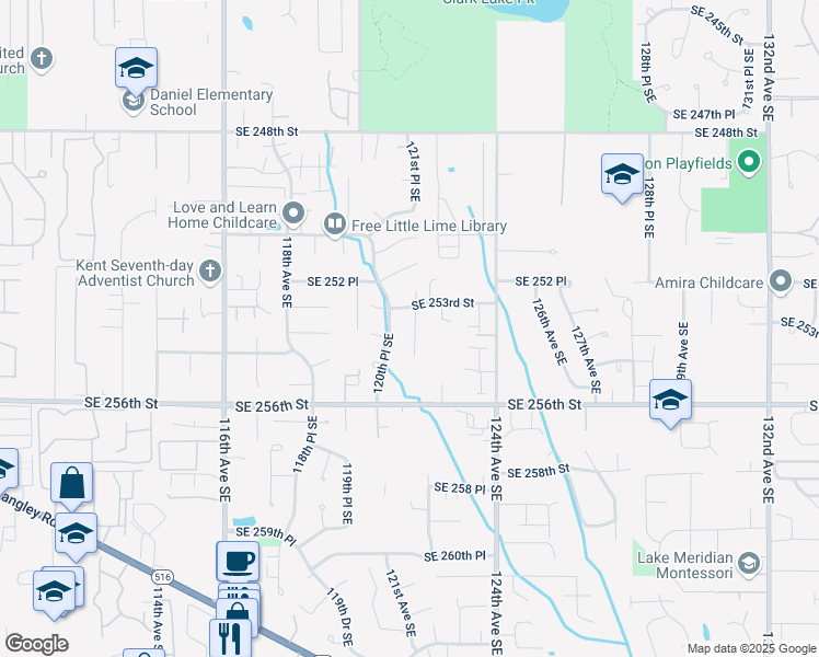 map of restaurants, bars, coffee shops, grocery stores, and more near 25317 121st Place Southeast in Kent