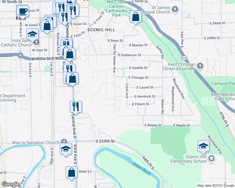 map of restaurants, bars, coffee shops, grocery stores, and more near 736 Van De Vanter Avenue in Kent