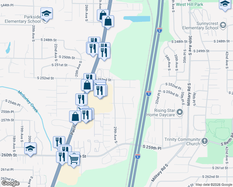 map of restaurants, bars, coffee shops, grocery stores, and more near 25324 29th Avenue South in Kent