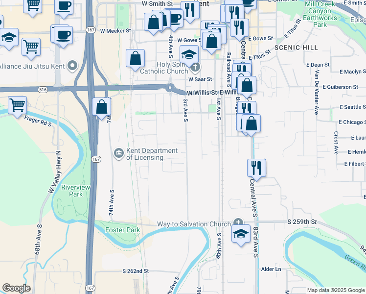 map of restaurants, bars, coffee shops, grocery stores, and more near 731 3rd Avenue South in Kent