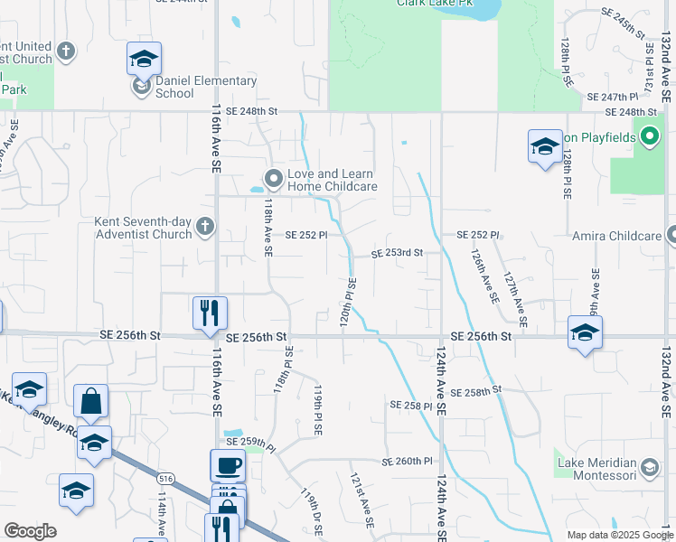 map of restaurants, bars, coffee shops, grocery stores, and more near 11950 Southeast 254th Street in Kent