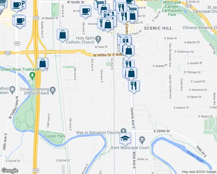 map of restaurants, bars, coffee shops, grocery stores, and more near 723 1st Avenue South in Kent