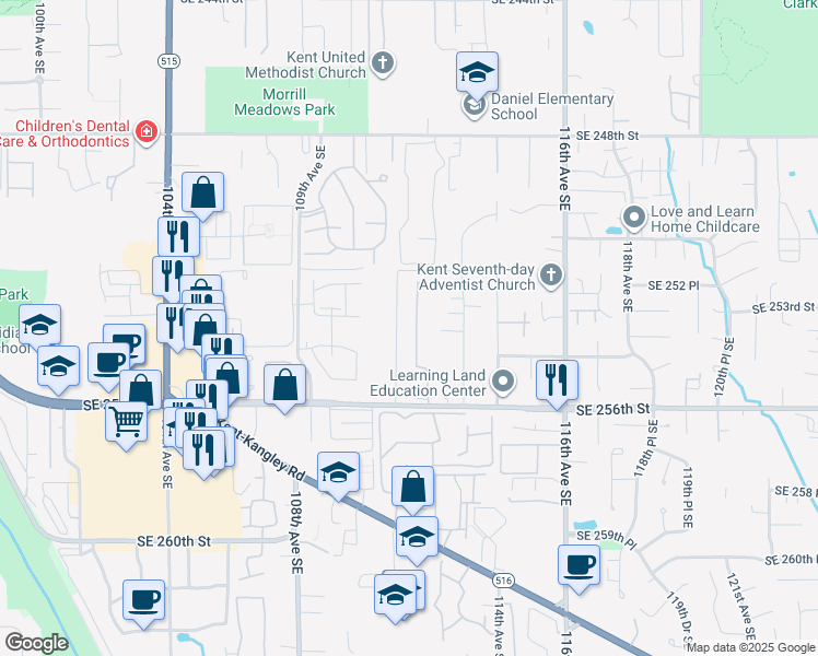 map of restaurants, bars, coffee shops, grocery stores, and more near 25250 111th Avenue Southeast in Kent