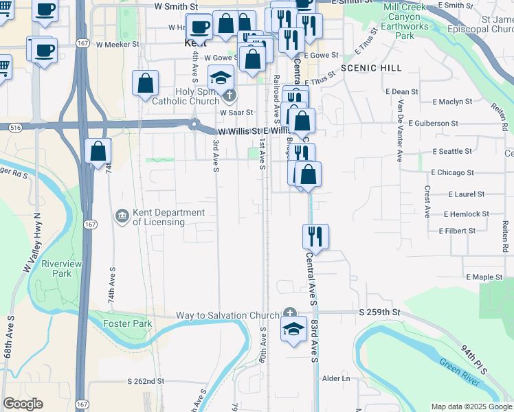 map of restaurants, bars, coffee shops, grocery stores, and more near 723 1st Avenue South in Kent