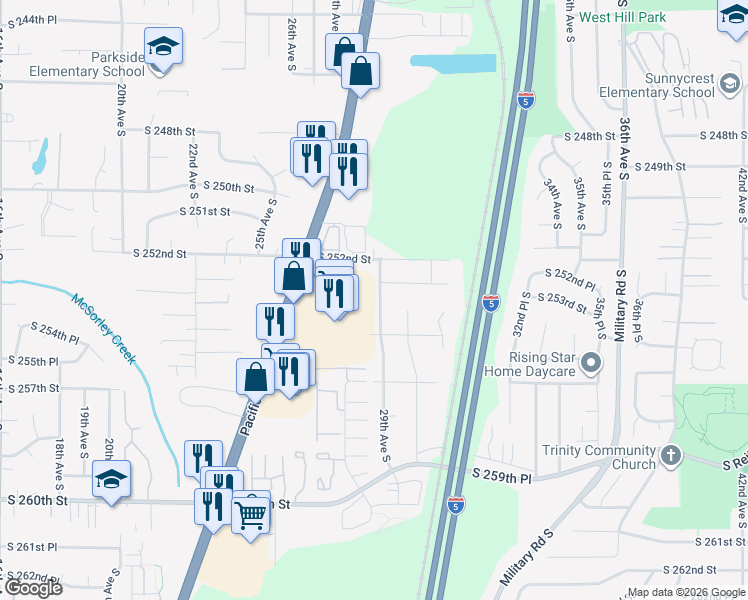 map of restaurants, bars, coffee shops, grocery stores, and more near 25324 29th Avenue South in Kent