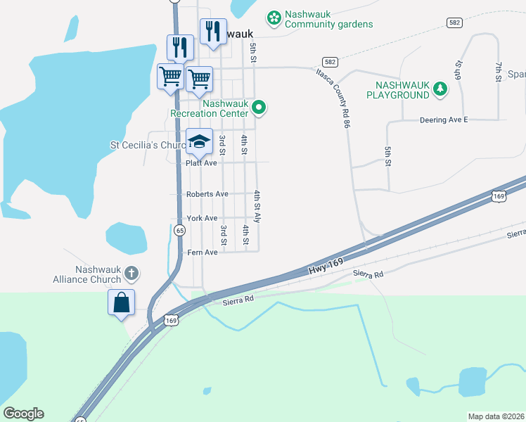 map of restaurants, bars, coffee shops, grocery stores, and more near 530 4th Street in Nashwauk