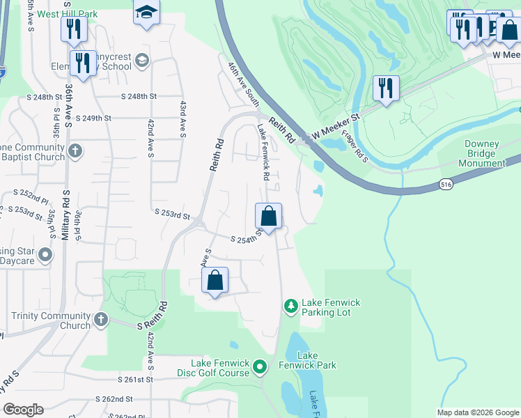 map of restaurants, bars, coffee shops, grocery stores, and more near 4711 South 254th Street in Kent