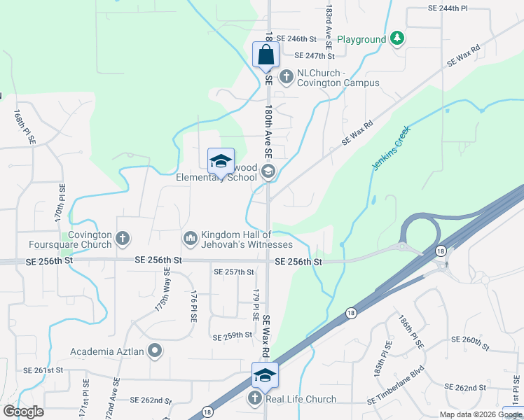map of restaurants, bars, coffee shops, grocery stores, and more near 25255 180th Avenue Southeast in Covington