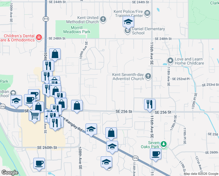 map of restaurants, bars, coffee shops, grocery stores, and more near 25250 111th Avenue Southeast in Kent