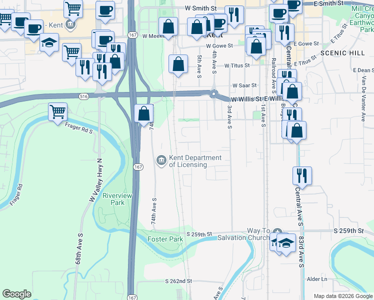map of restaurants, bars, coffee shops, grocery stores, and more near 731 5th Avenue South in Kent