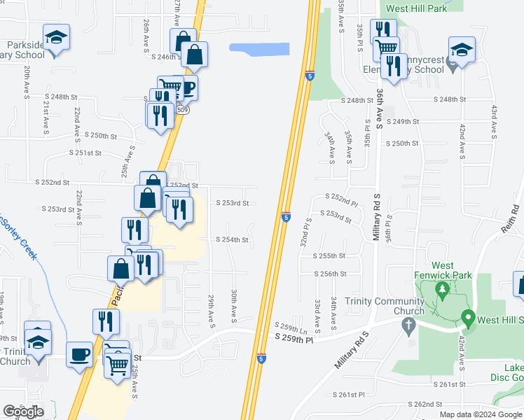 map of restaurants, bars, coffee shops, grocery stores, and more near 25318 31st Avenue South in Kent