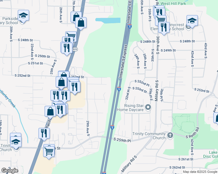 map of restaurants, bars, coffee shops, grocery stores, and more near 25318 31st Avenue South in Kent