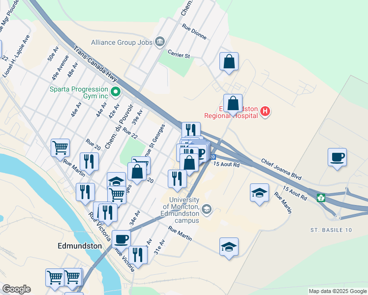 map of restaurants, bars, coffee shops, grocery stores, and more near 200 Boulevard Hébert in Edmundston