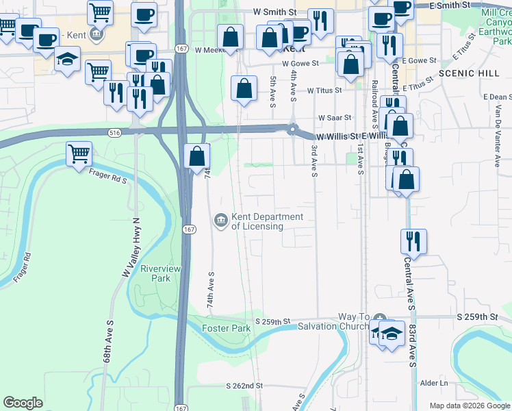 map of restaurants, bars, coffee shops, grocery stores, and more near 731 5th Avenue South in Kent
