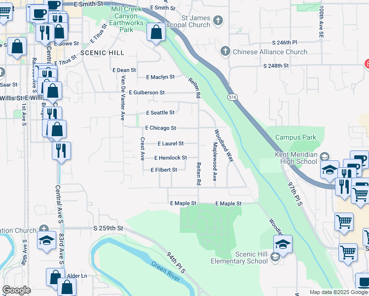 map of restaurants, bars, coffee shops, grocery stores, and more near 1115 East Hemlock Street in Kent