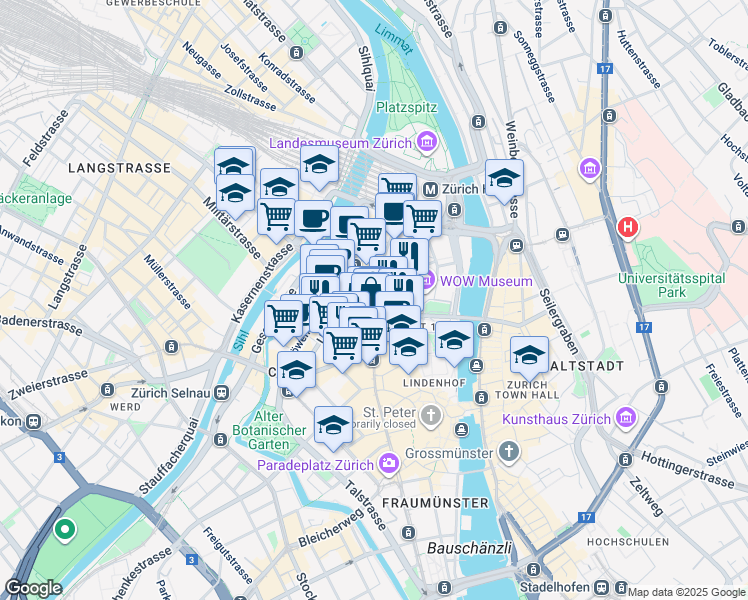map of restaurants, bars, coffee shops, grocery stores, and more near 75 Bahnhofstrasse in Zürich