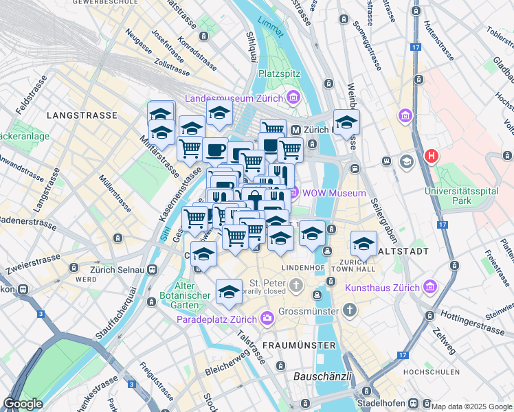 map of restaurants, bars, coffee shops, grocery stores, and more near 75 Bahnhofstrasse in Zürich